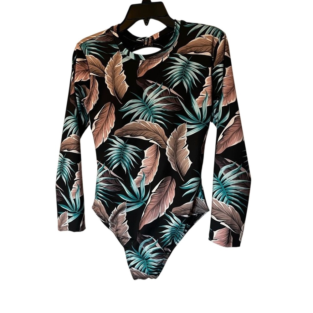 Hapari Women's SZ Large (10-12) Long Sleeve One Piece Swimsuit Feathers NWT